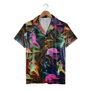 Abstract Cricket Hawaiian Shirt - Neon Rainbow Players Bats Wickets Energetic