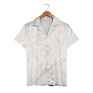 Botanical Line Art Hawaiian Shirt with Golden Bronze Flowers and Leaves