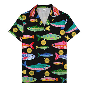 colorful cartoon fish & gold circle logo hawaiian shirt for men