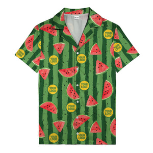 coral watermelon slices & bold green stripes fun cartoon hawaiian shirt