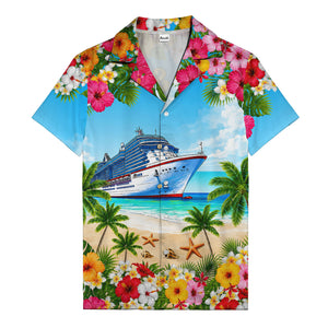 cruise ship hibiscus palm beach scene hawaiian shirt for men