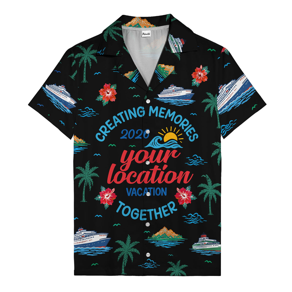 cruise ship & palm fronds watercolor vacation memories hawaiian shirt