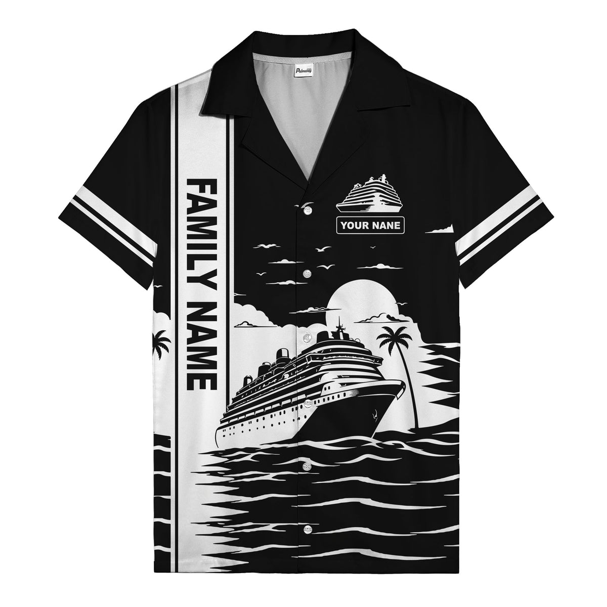 cruise ship silhouette sunset palm trees hawaiian shirt