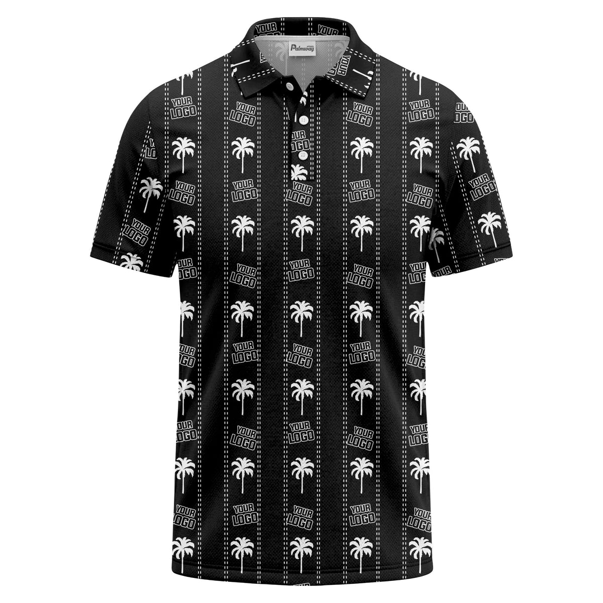 customizable palm trees & logo repeat graphic black white polo shirt