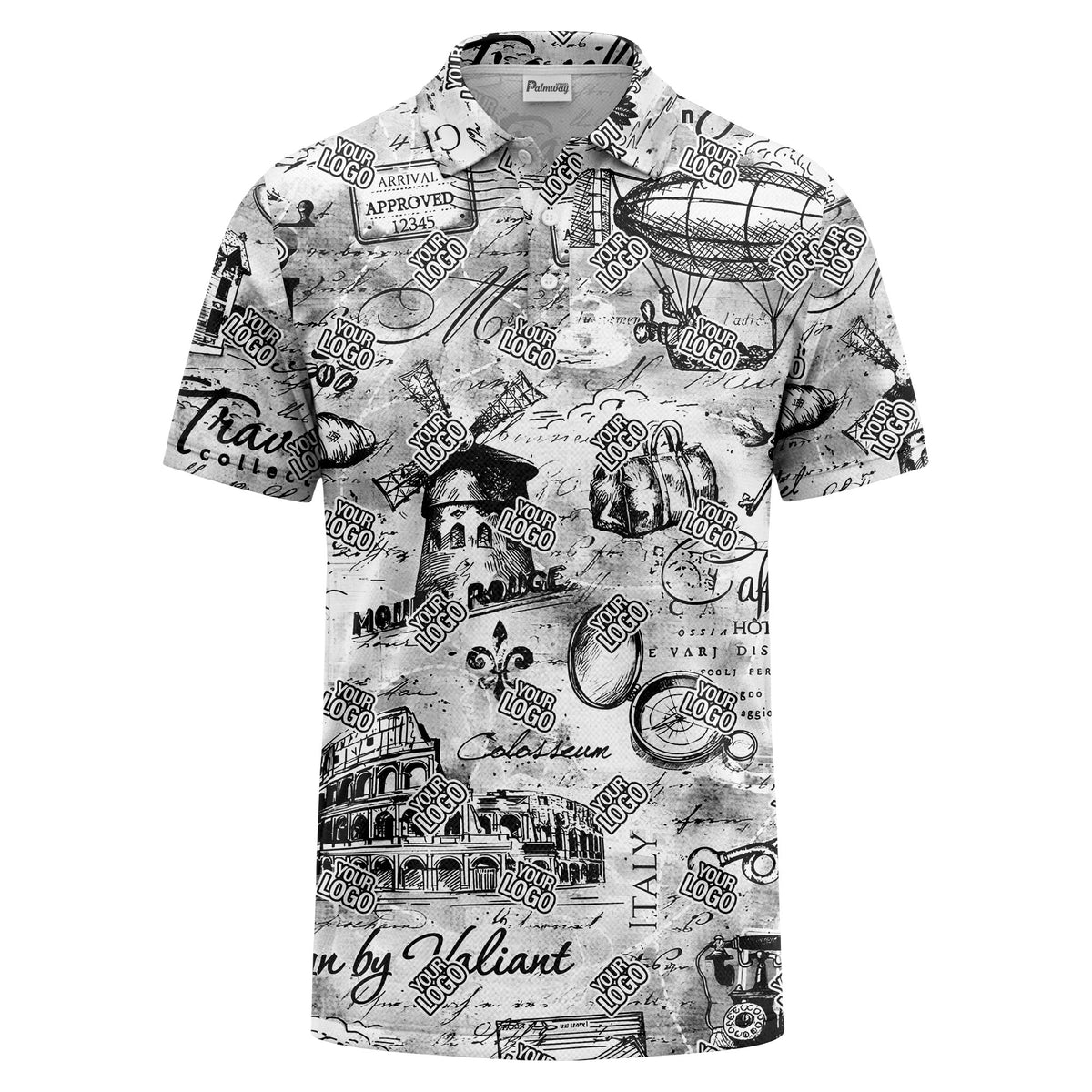eiffel tower & airship sketched landmark polo shirt for men