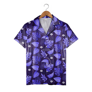 Elegant Indigo Hawaiian Shirt with Monstera Leaves and Four-Petal Flowers