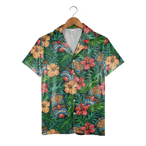 Festive Tiki Mask Hawaiian Shirt with Monstera on Navy Blue