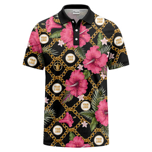 gold chain & pink hibiscus luxury illustrated polo shirt for men