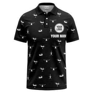 helicopter silhouette repeat pattern custom logo men's aviation polo shirt