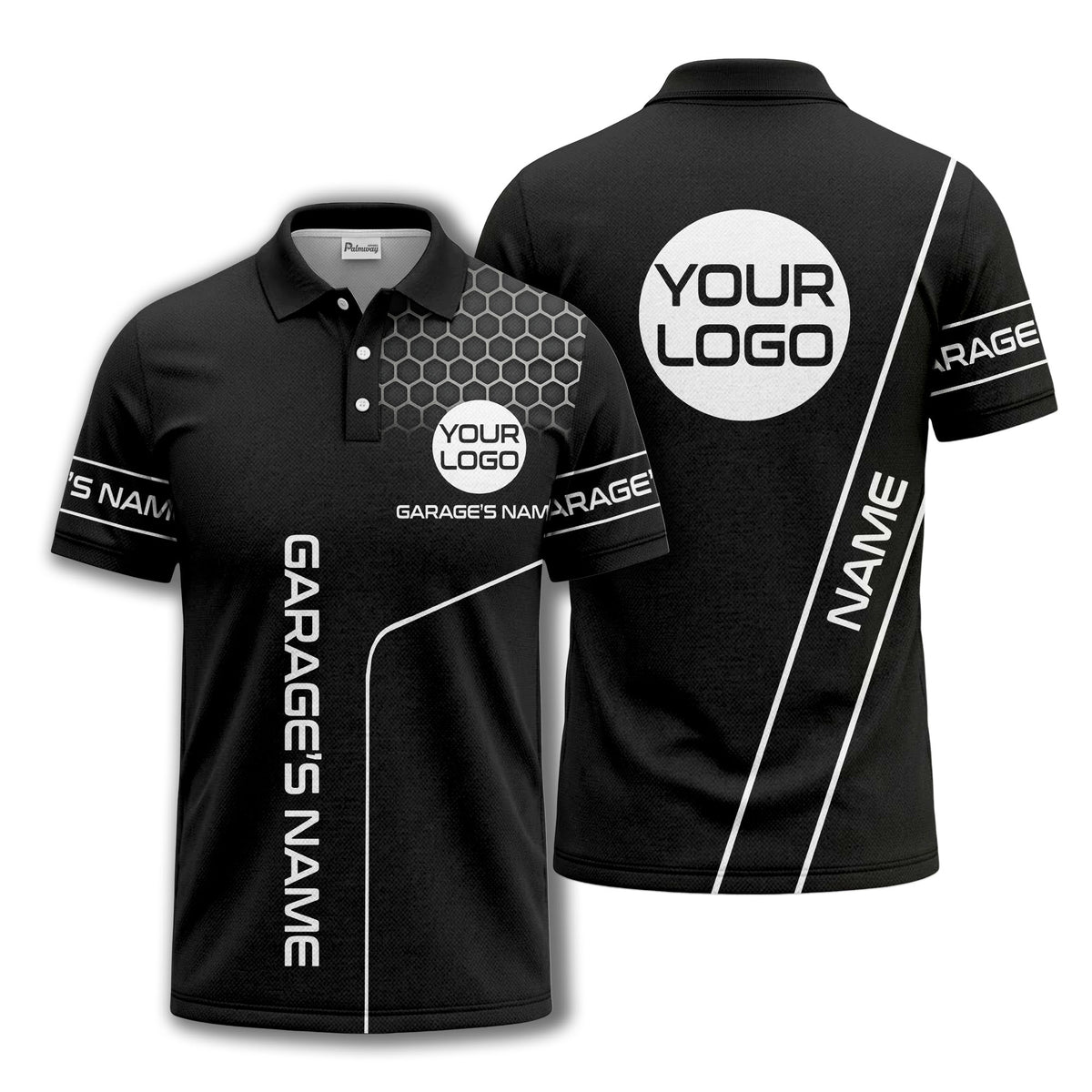 hexagonal grid garage name logo modern automotive polo shirt