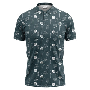illustrated golf carts & clubs repeating on dark gray hawaiian polo shirt for men