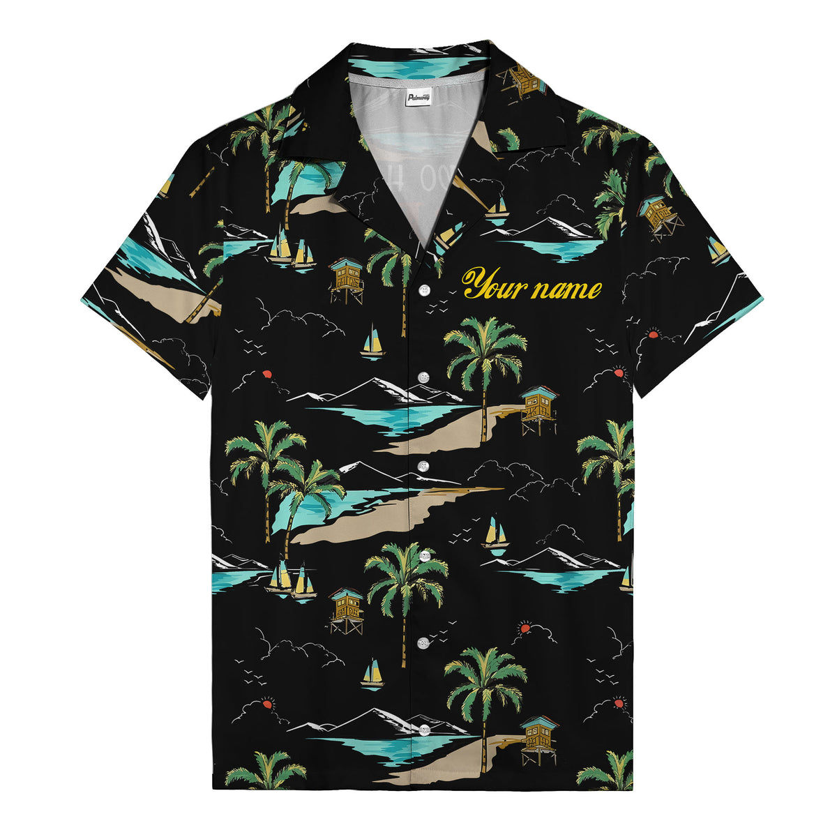 island paradise palm trees & sailboats sunset hawaiian shirt