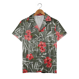 Marine Corps Olive Tropical Hawaiian Shirt - USMC Fighters Hibiscus Aloha Tee
