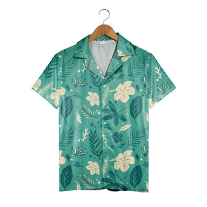 Medium Teal Hawaiian Shirt with Cream Hibiscus Plumeria and Palm Fronds
