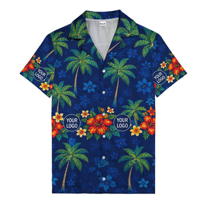 navy blue watercolor palm trees & hibiscus aloha hawaiian shirt
