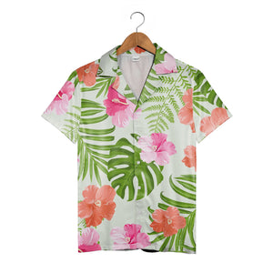 Pale Mint Green Hibiscus Monstera Hawaiian Shirt with Fern and Palm Fronds