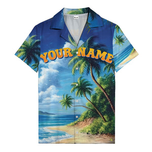 palm trees over ocean waves photorealistic hawaiian shirt