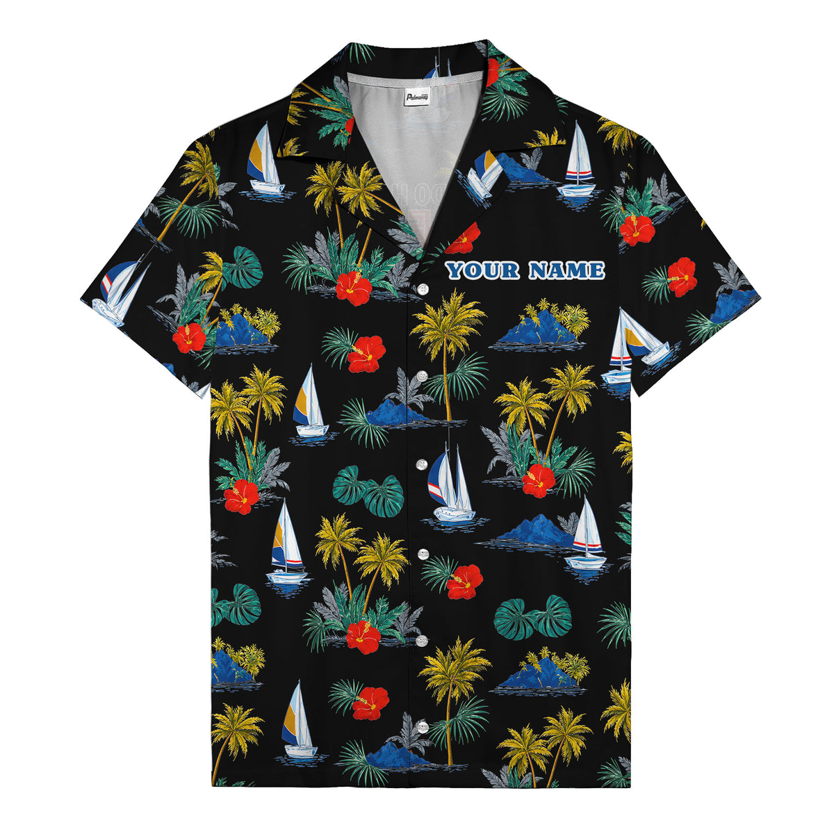 palm trees sailboats hibiscus island paradise hawaiian shirt