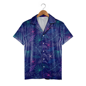 Plumeria Flower Hawaiian Shirt with Fan Palm Leaves in Fuchsia and Cyan