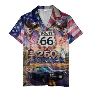 Route 66 USA Patriotic Eagle Firework Classic Car Aloha Button Down Shirt Hawaiian Shirt