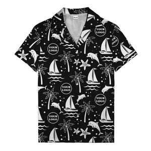 sailboats dolphins palm trees starfish repeat pattern black white hawaiian shirt