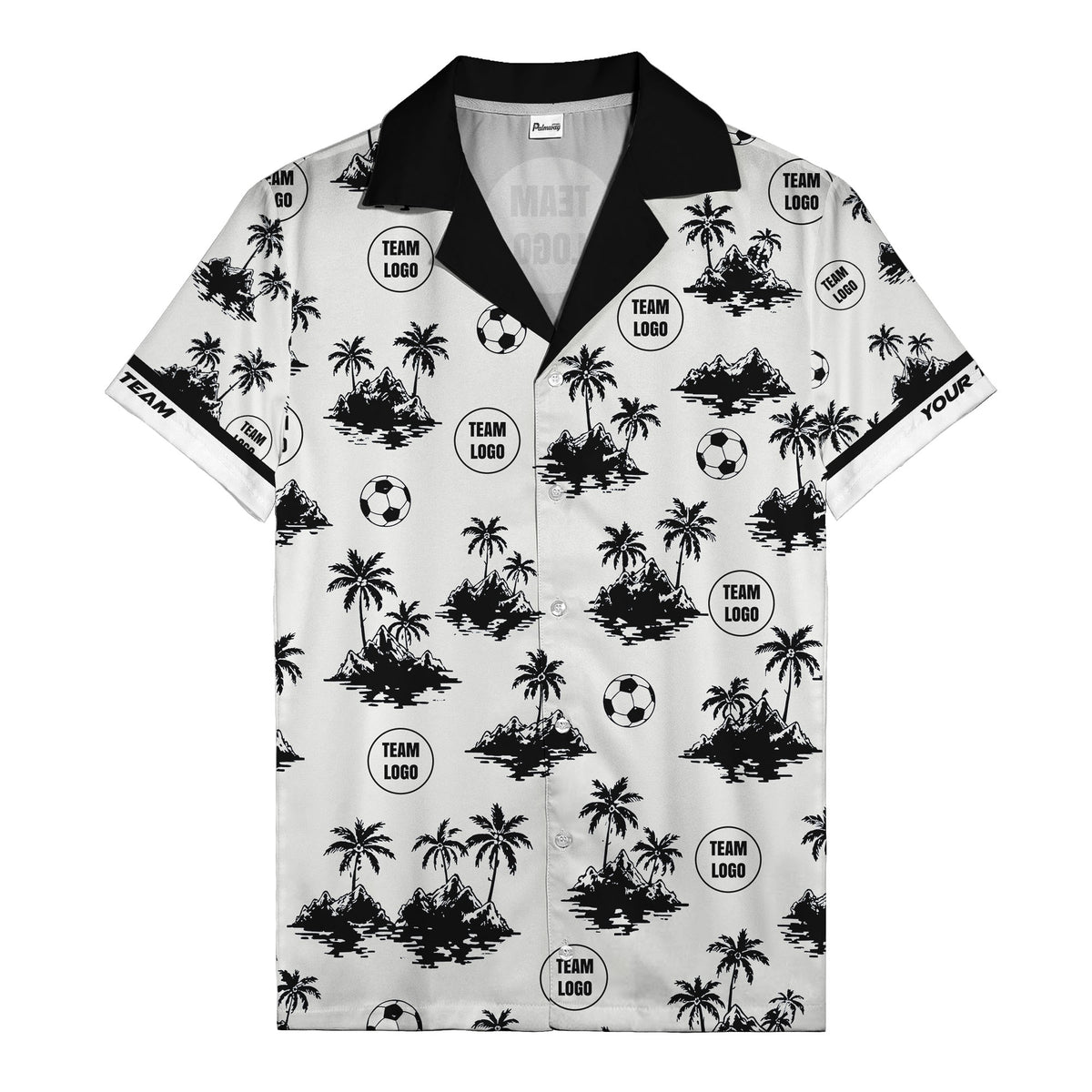 soccer balls & palm trees island repeat black white hawaiian shirt