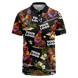 surfing roosters surfboards lei palm trees photorealistic polo shirt