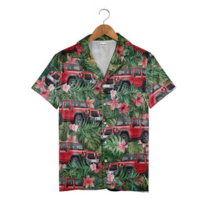 Vintage Tropical Jeeps Hibiscus Leaves Green Aloha Button Down Shirt Hawaiian Shirt