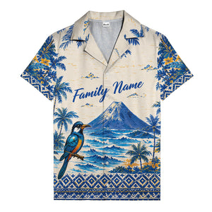 watercolor blue bird soaring over palm trees mountain scene hawaiian shirt