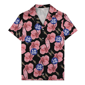watercolor pink hibiscus & blue logo repeat aloha hawaiian shirt