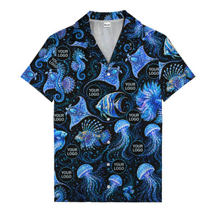 watercolor seahorses jellyfish navy blue hawaiian shirt
