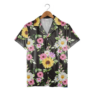 Watercolor Sunflower and Daisy Hawaiian Shirt with Lavender Accents on Black