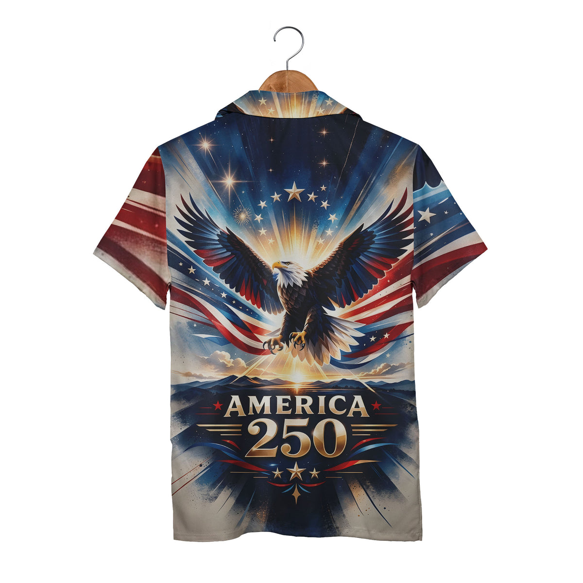 American Eagle Stars & Stripes Hawaiian Shirt - Sunburst Mountain Graphic Tee