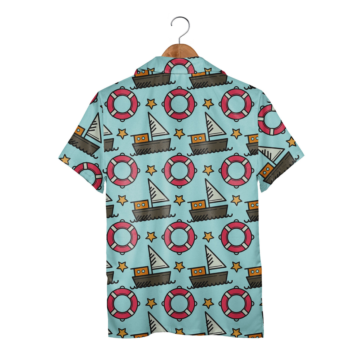 Cartoon Sailboat & Lifebuoy Hawaiian Shirt – Nautical Ocean Wave Pattern