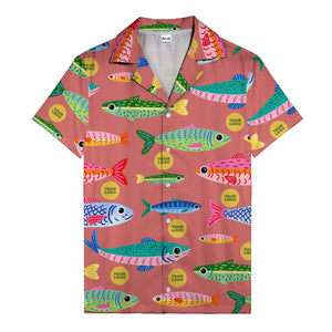 colorful cartoon fish & gold circle logo hawaiian shirt for men