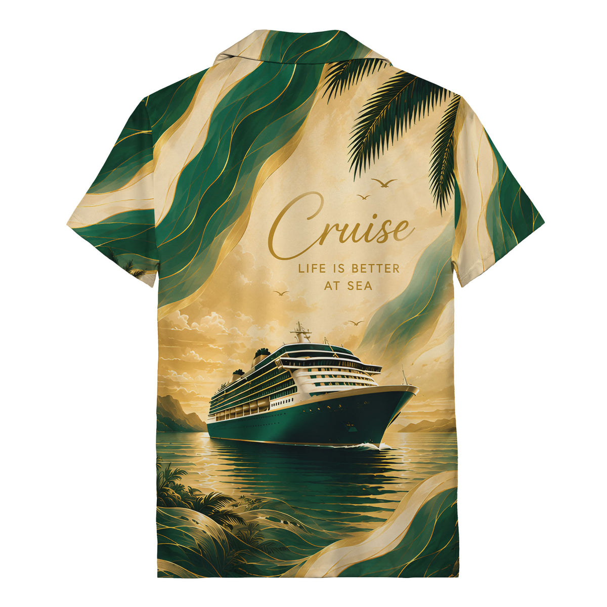 cruise ship sailing into golden sunset palm trees hawaiian shirt