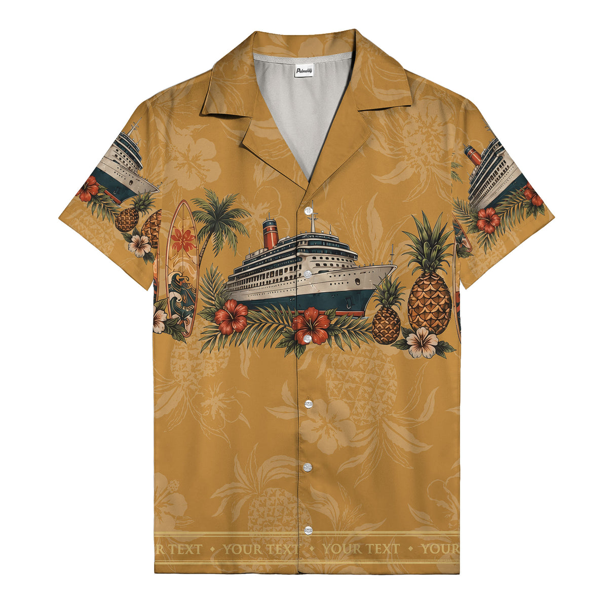 cruise ship surfboard pineapple palm hibiscus hawaiian shirt