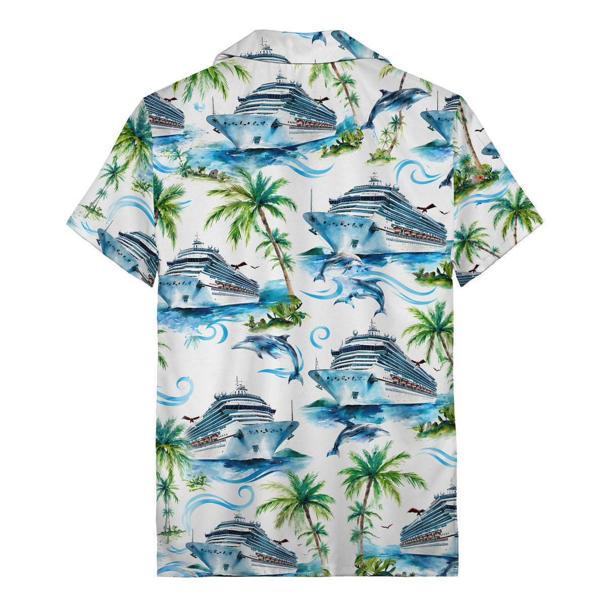 cruise ships dolphins & palm tree watercolor hawaiian shirt