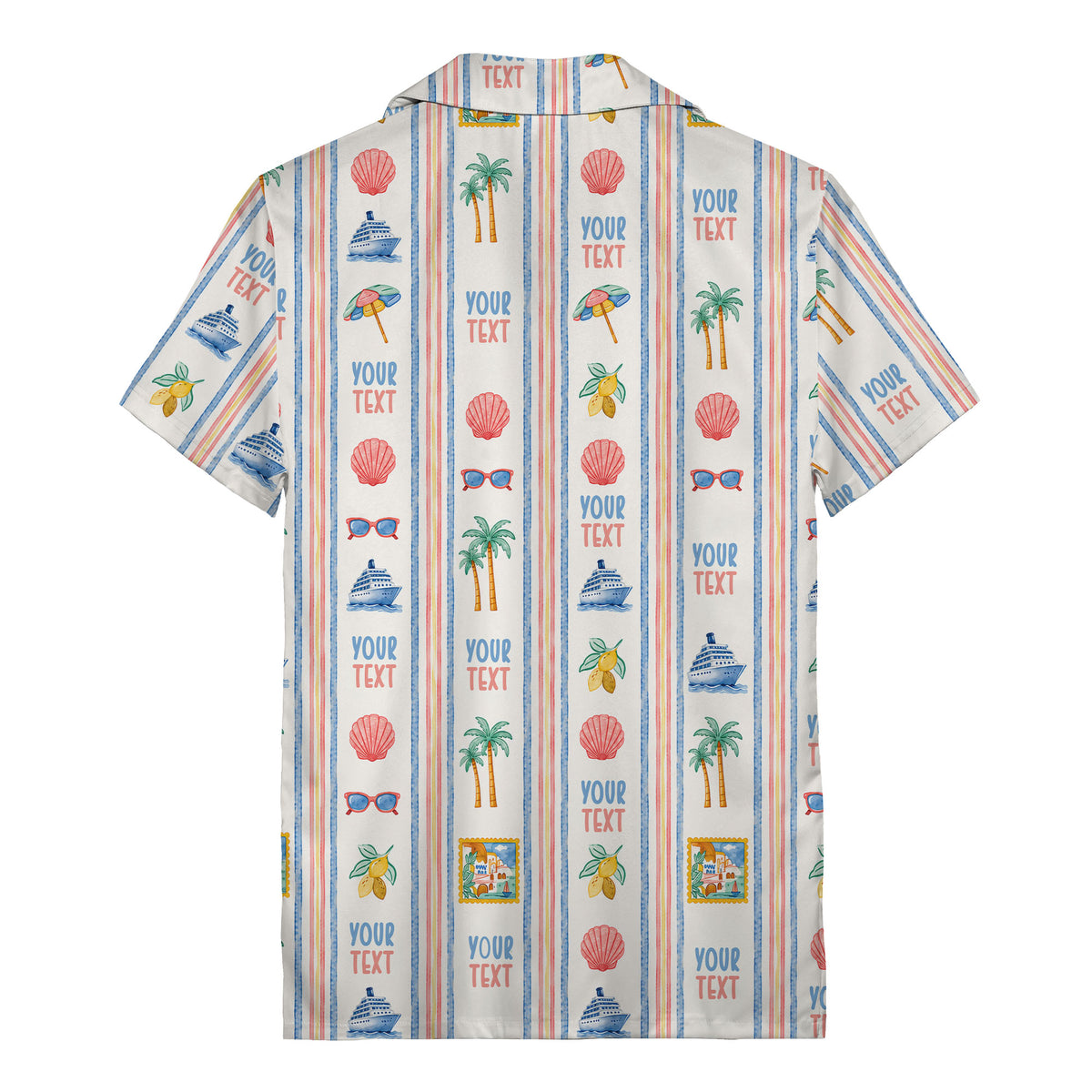 cruise ships palm trees postage stamps & sunglasses watercolor hawaiian shirt