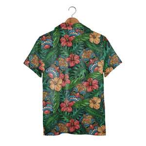 Festive Tiki Mask Hawaiian Shirt with Monstera on Navy Blue