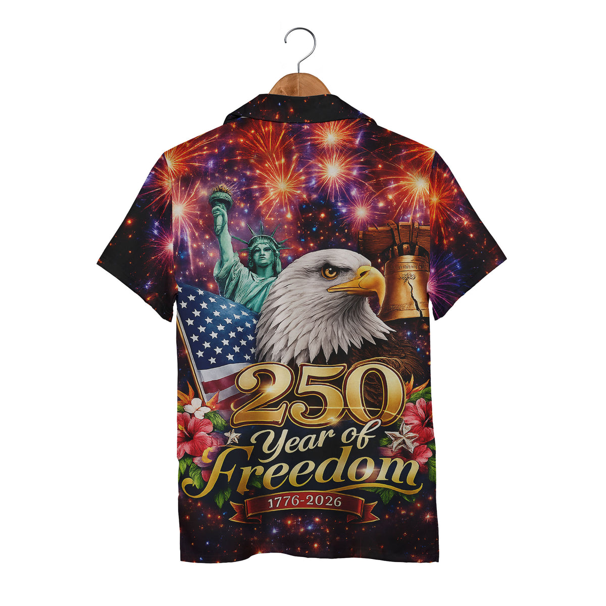 Freedom Floral Hawaiian Shirt - Statue of Liberty Eagle & Hibiscus 4th of July Print