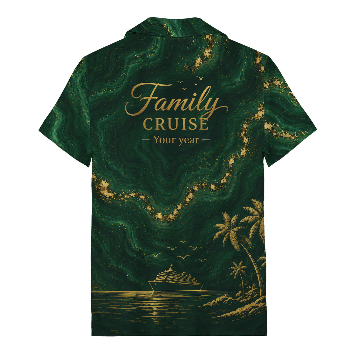 gold palm trees over emerald ocean waves cruise ship hawaiian shirt