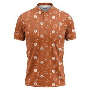 illustrated golf carts & clubs repeating on dark gray hawaiian polo shirt for men