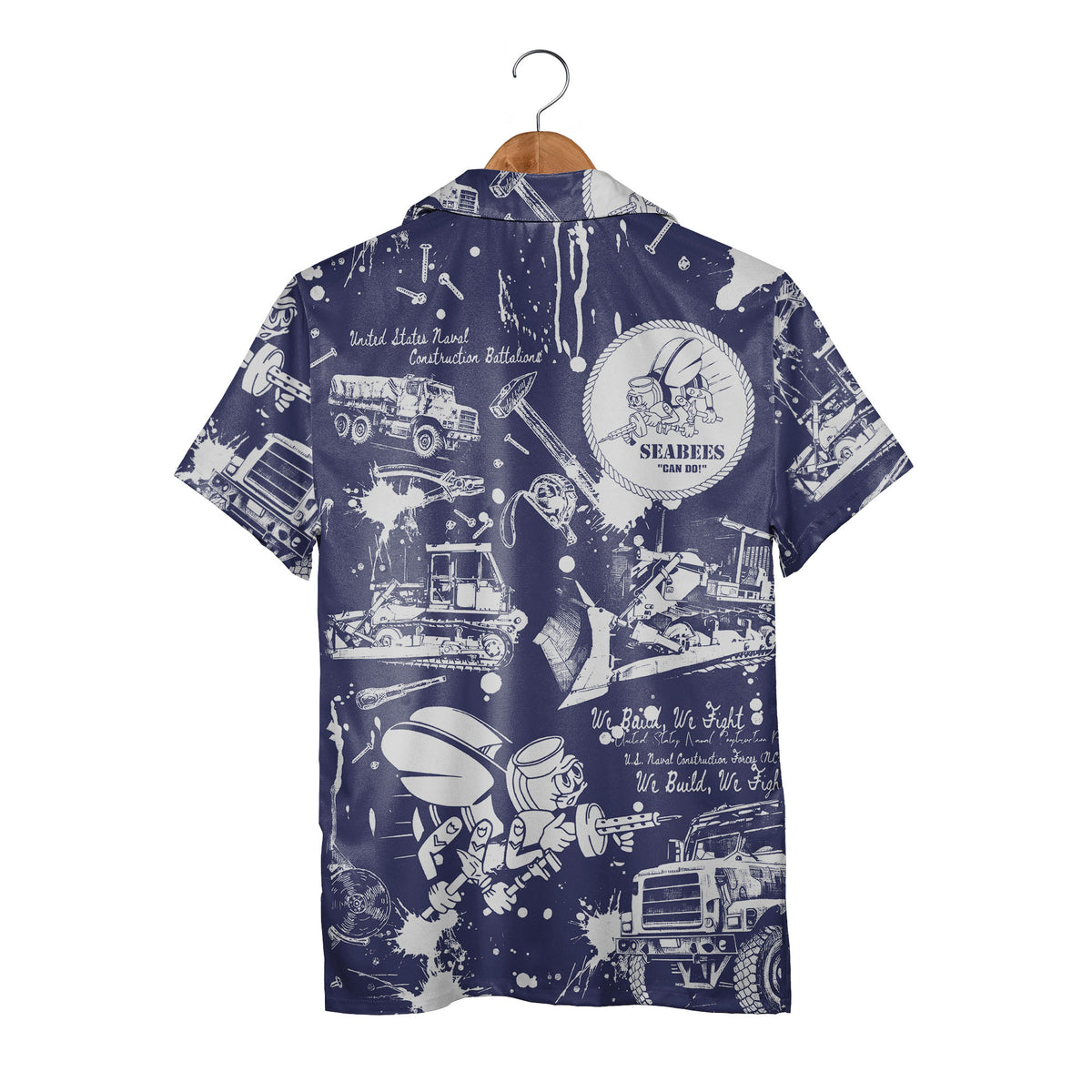 Navy Seabees Blueprint Hawaiian Shirt - Construction Tools & Military Mascot Print