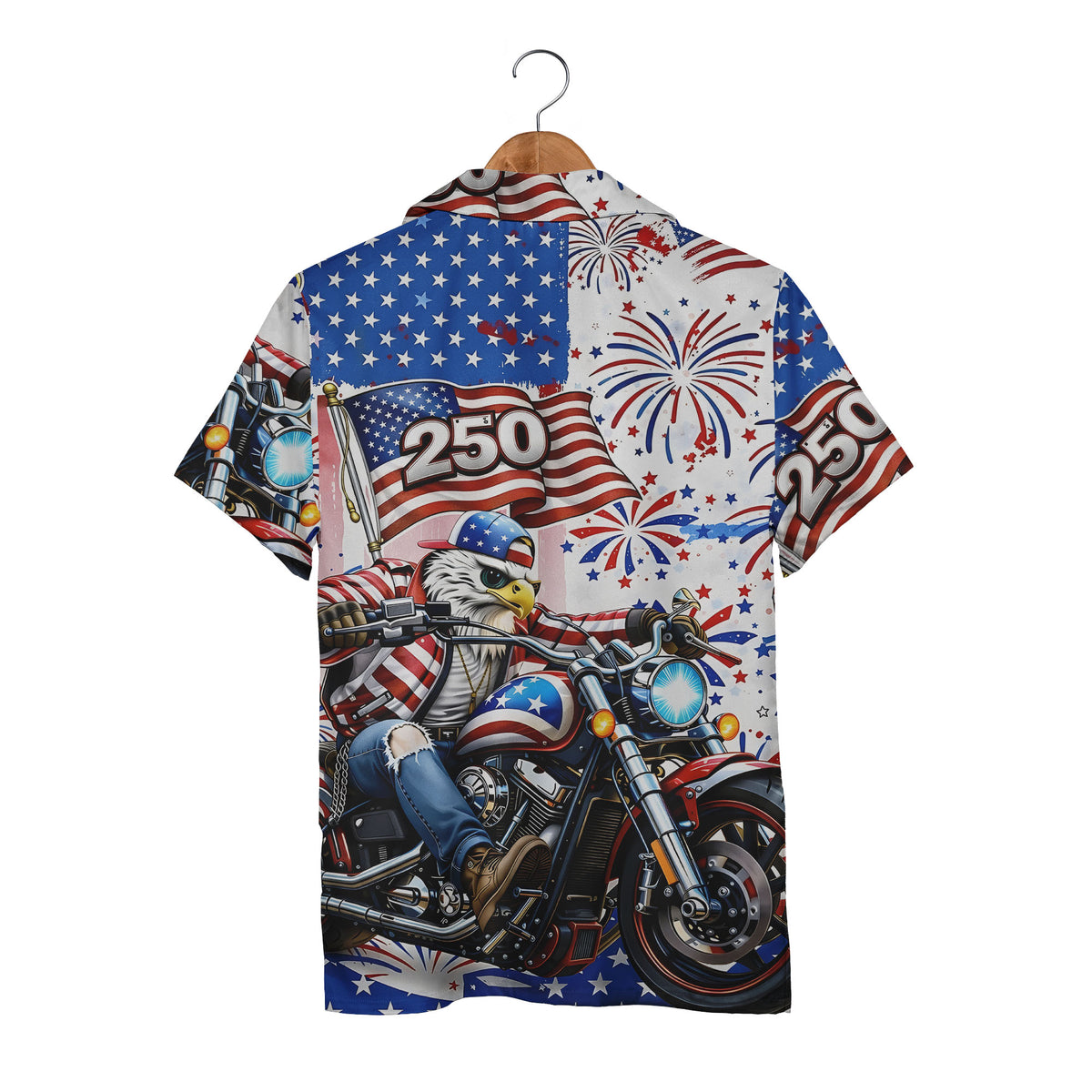Patriotic Biker Hawaiian Shirt - Bald Eagle Motorcycle & American Flag Print for Men