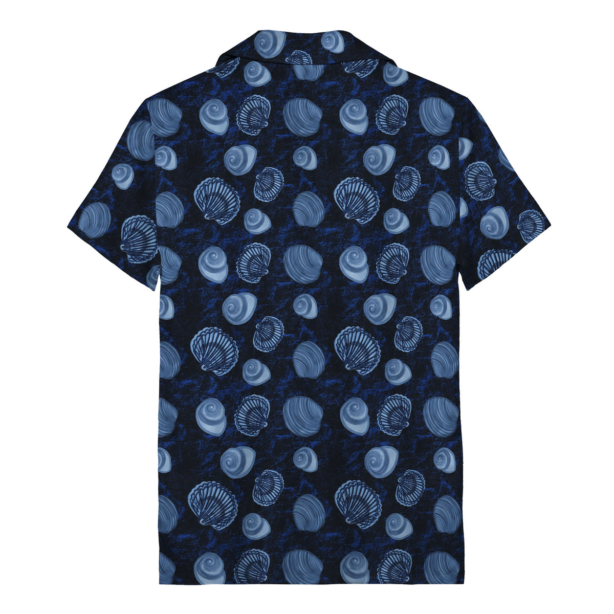 realistic seashell & spiral shell repeat navy blue hawaiian shirt