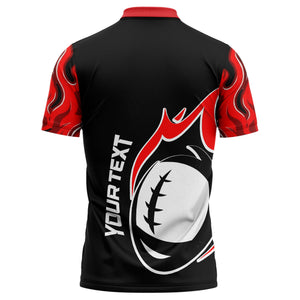 rugby ball bursting through flames black red graphic polo shirt for men