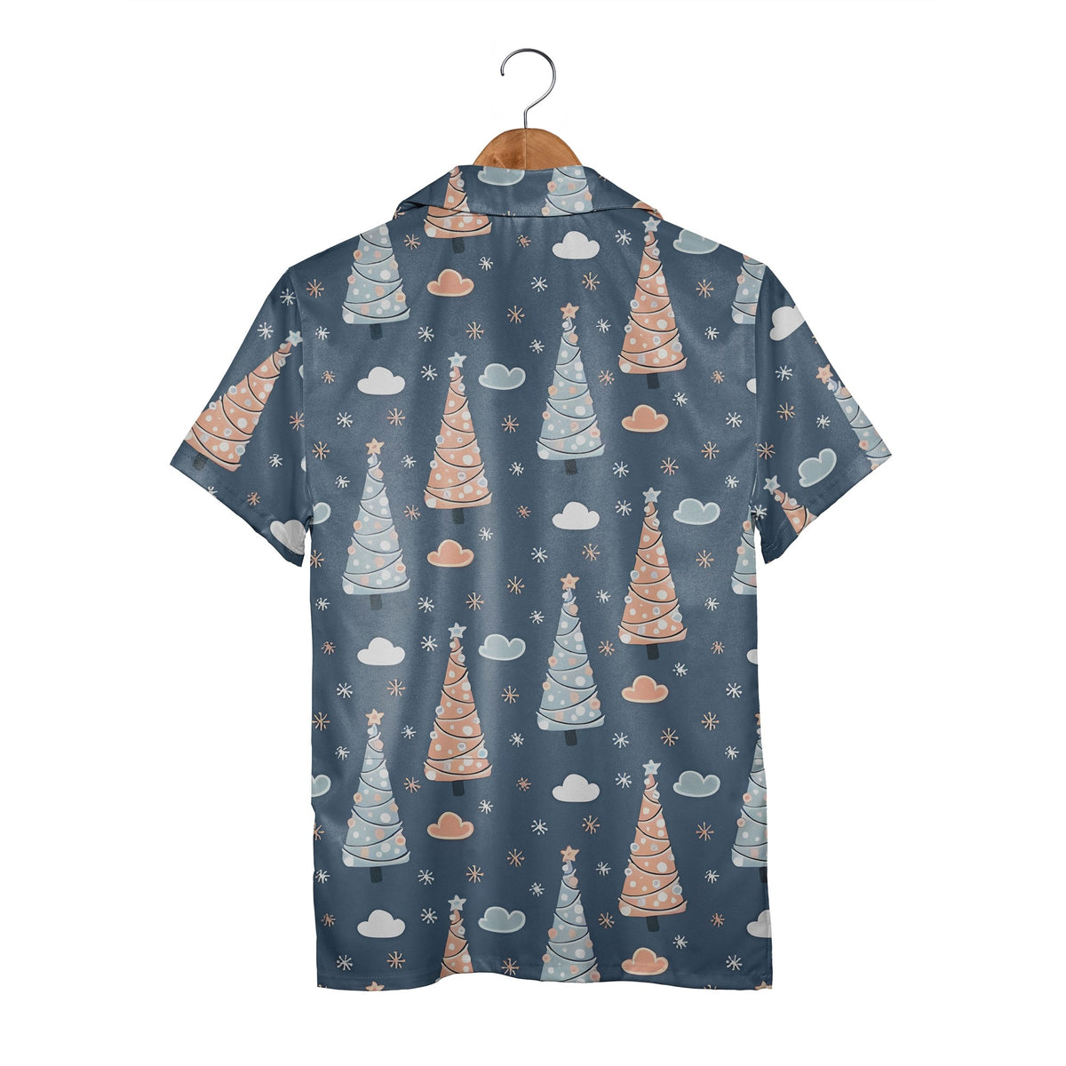 Slate Blue Holiday Hawaiian Shirt with Ornament Christmas Trees