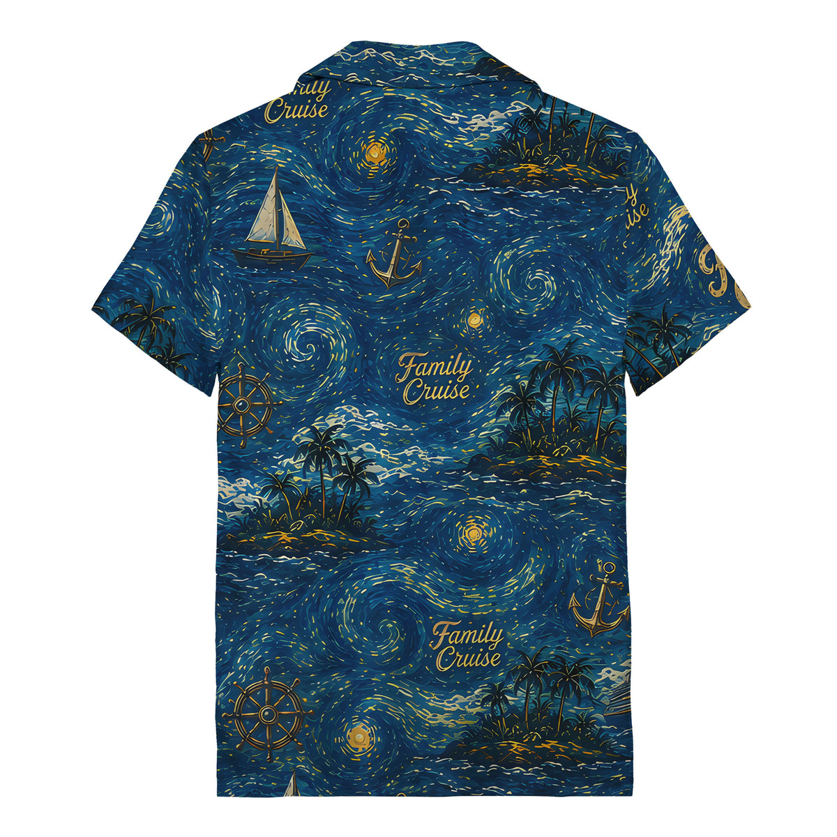 starry night sailboats & cruise ships palm tree hawaiian shirt