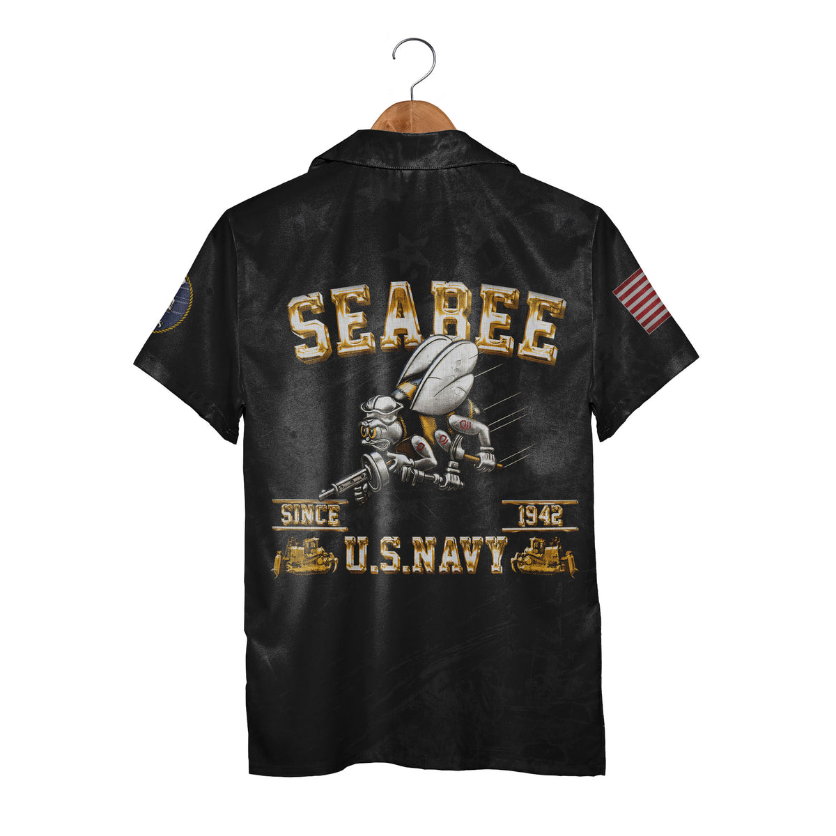 US Navy Seabees Hawaiian Shirt - Patriotic Bee Mascot American Flag Graphic Tee